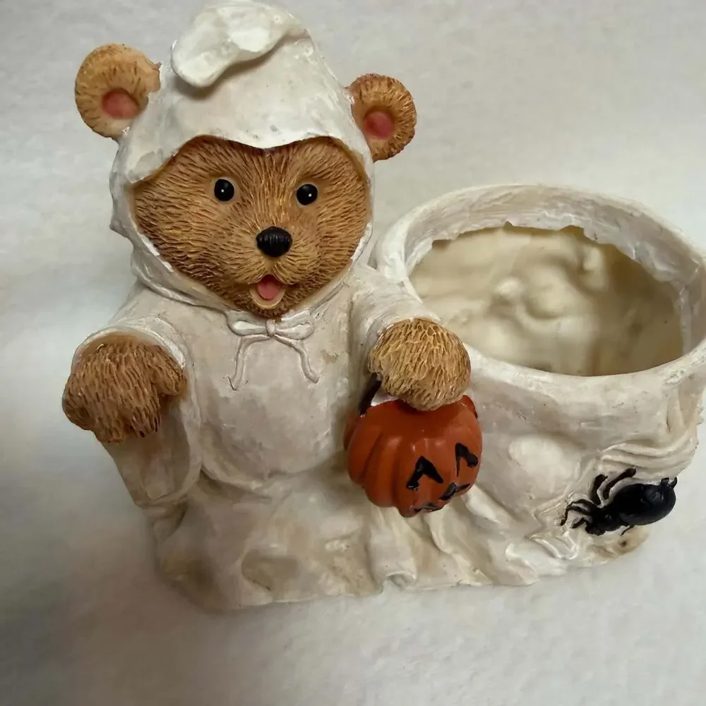 Halloween Teddy Bear Vintage Ceramic Candle Holder Pumpkin Spiders Ghost Costume